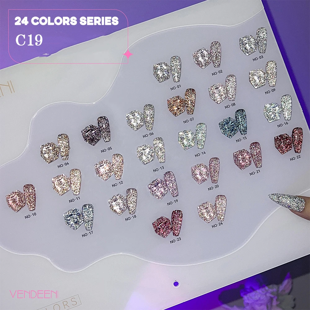 Vendeeni 24 Colors/set Fantasy Galaxy Broken Diamond Gel Nail Polish UV LED Reflective  Sequins Manicure Varnish With Color Card