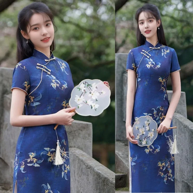 

Women's 2024 New Improved Chinese Tradition Cheongsam Qipao Retro Young Girl Linen Floral Print Daily Clothing Studend Skirt