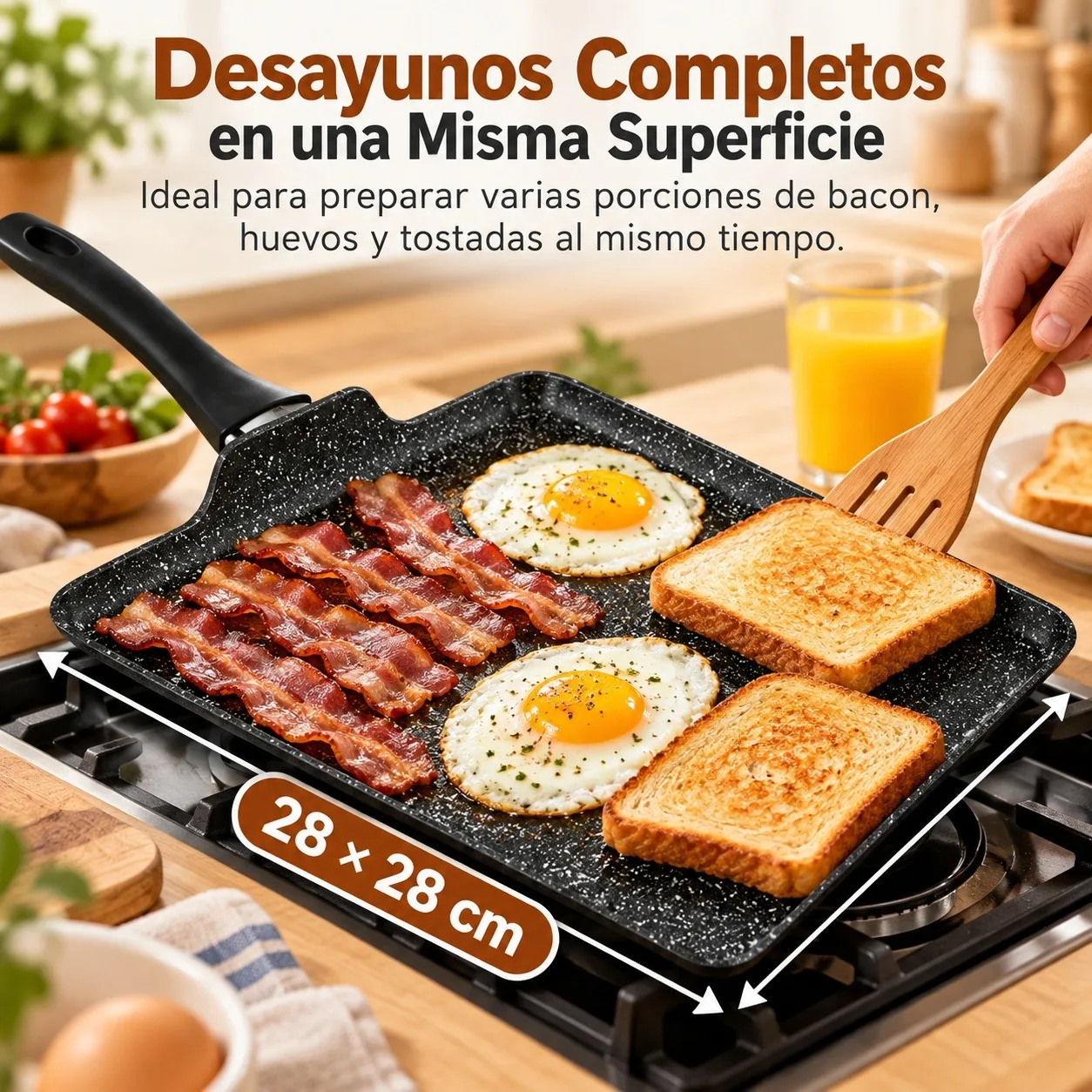 Sartén Cuadrada de Aluminio Forjado con Efecto Piedra 28x28x1.8cm, Plancha Antiadherente para Inducción, Gas y Vitrocerámica, Mango Ergonómico para Cocina de Carnes y Verduras