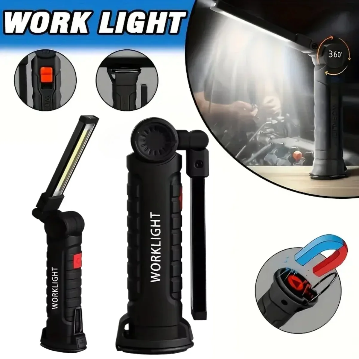 Rechargeable LED Magnetic Work Light Foldable COB Waterproof Torch with 360 ° Rotation Car Inspection Repair Lantern with Hook