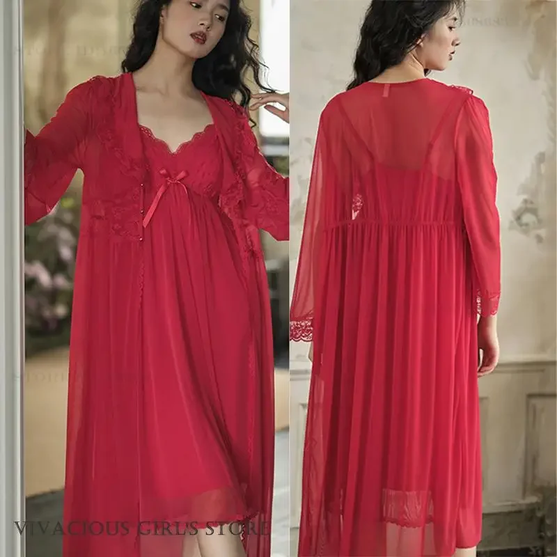 French Romance Mesh Twinset Robe Set Nightgown Sexy Lace Intimate Lingerie Nightgown Sleepwear Loose Casual Homewear Loungewear