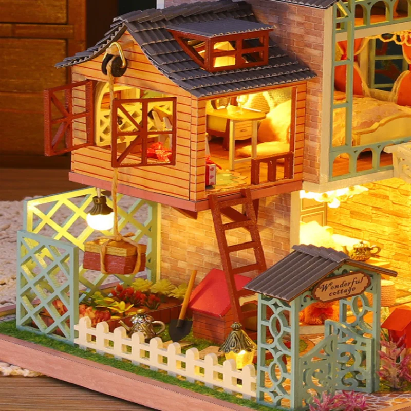 

OUZEY DIY Wooden Dollhouse 3D Puzzle Assembling Building Model Kit with Small Parts, LED Light, Christmas Gift