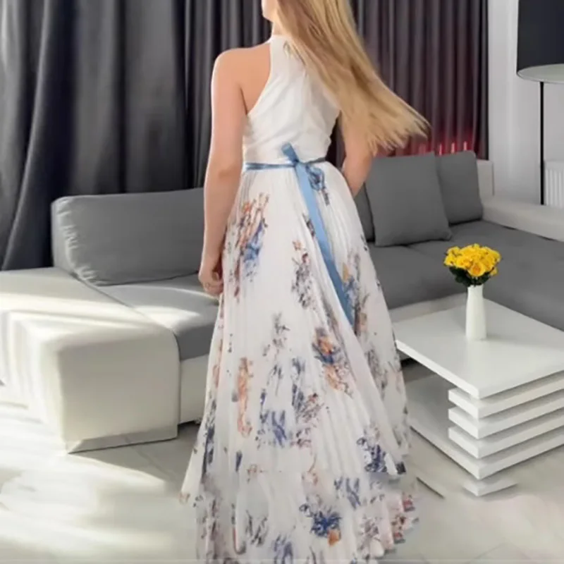 Womens Boho Halter Hollow Vacation Dresses Spring Floral Print High Waist A-Line Pleated Dress Summer Sleeveless Long Maxi Dress