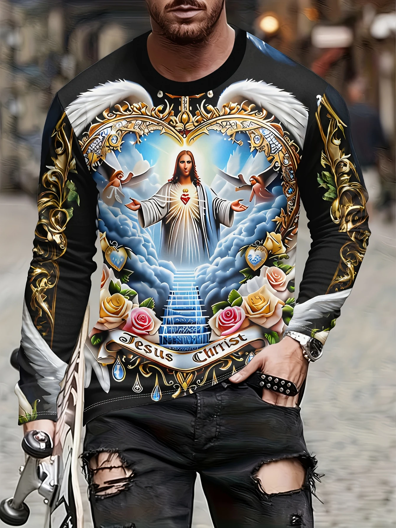 Men Sacred Heart Jesus Angel Wing Floral 3D Print Long Sleeve T Shirt Religious Faith Casual Daily Family Matching Outfit Top