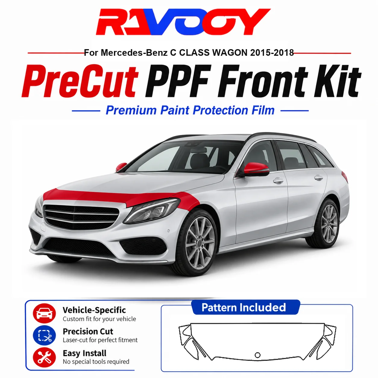 メルセデス・ベンツ-cクラス-ワゴン-2015-2018用-85mil-tpuプレカットppfキット-フード、フェンダー、ミラーセット-自己修復クリアブラフィルム