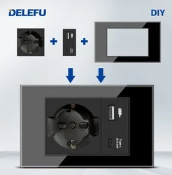 DELEFU Italian Socket DIY Whiteboard USB Type C Doorbell Switch 45A 20A Curtain Phone CAT5 TV HDMI SAT Smart Black