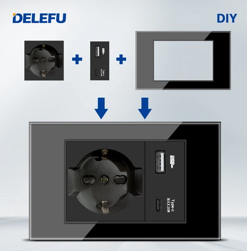 DELEFU enchufe italiano DIY pizarra USB tipo C interruptor de timbre 45A 20A cortina teléfono CAT5 TV HDMI SAT negro inteligente