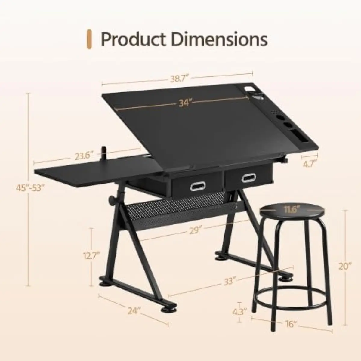 Drafting Desk with Tilt-Adjustable Surface 0–60 Degrees Height Range 69.5–92.5 cm Retractable Side Shelf Laptop Platform Dual Fa view 3