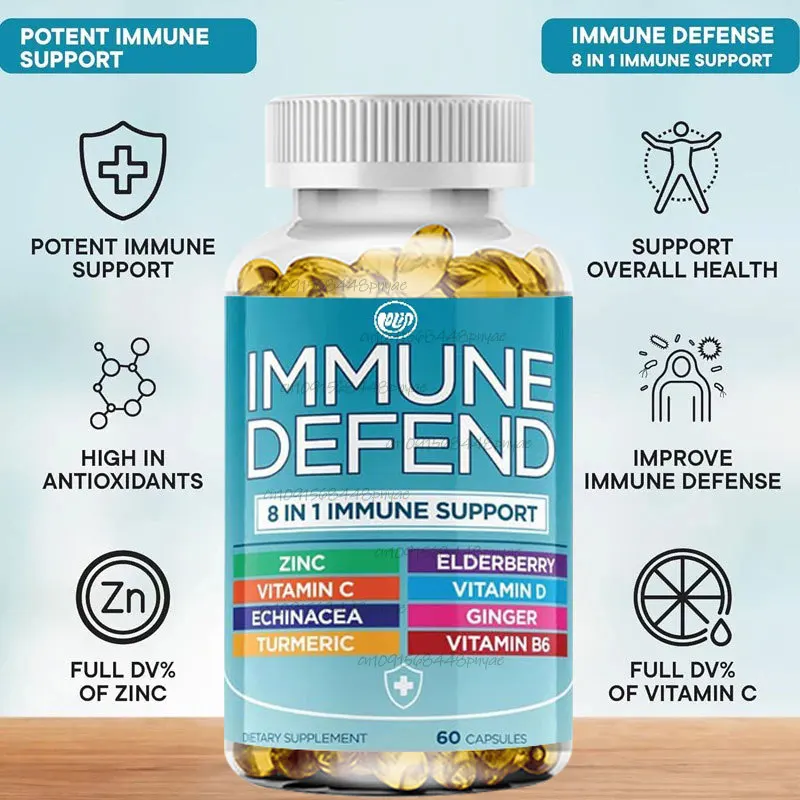 8-in-1 immune defense support containing 50 milligrams of zinc, vitamin C D3, elderberry, curcumin and ginger, and echinacea