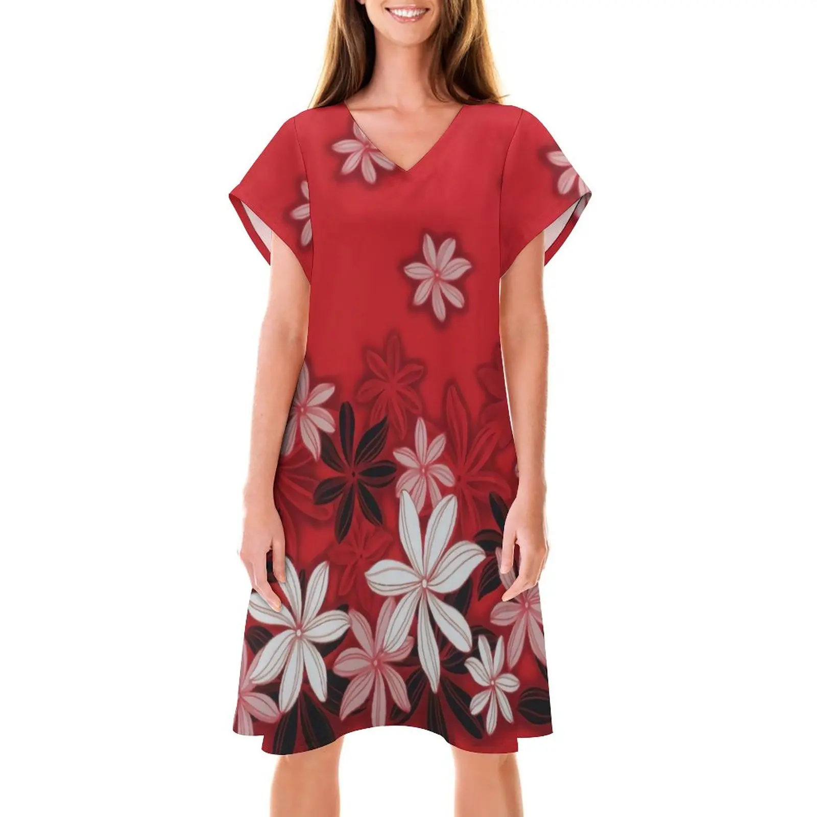 Factory Outlet Red Polynesian Women Short Sleeve V-Neck Dresses Custom Pattern Desig 3D Print Summer Samoan Fashion Dress