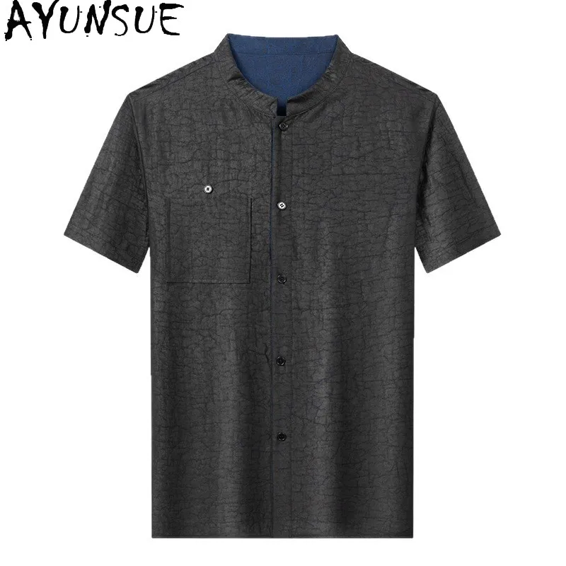 

AYUNSUE 100% Natural Mulberry Silk Shirts for Man High Quality Xiangyunsha Short Sleeve Top Summer 2026 Fashion Reversible Shirt