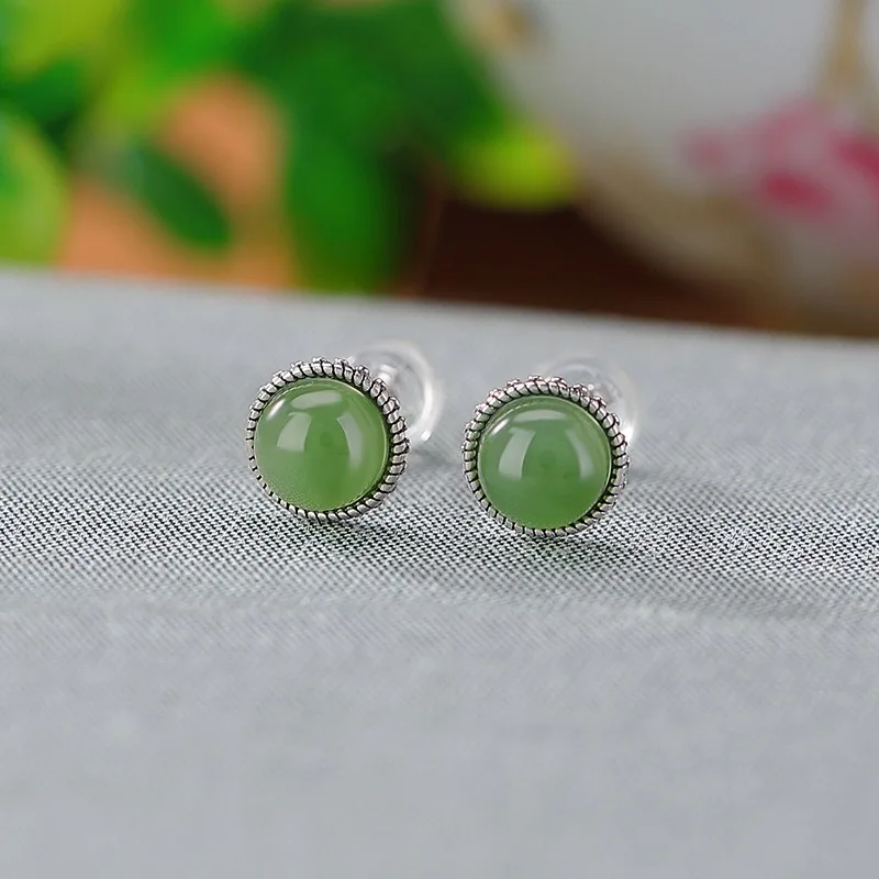 

TIMESWIND Simple S925 Natural Hetian Jade Green Round Bead Women Earrings with Certificate