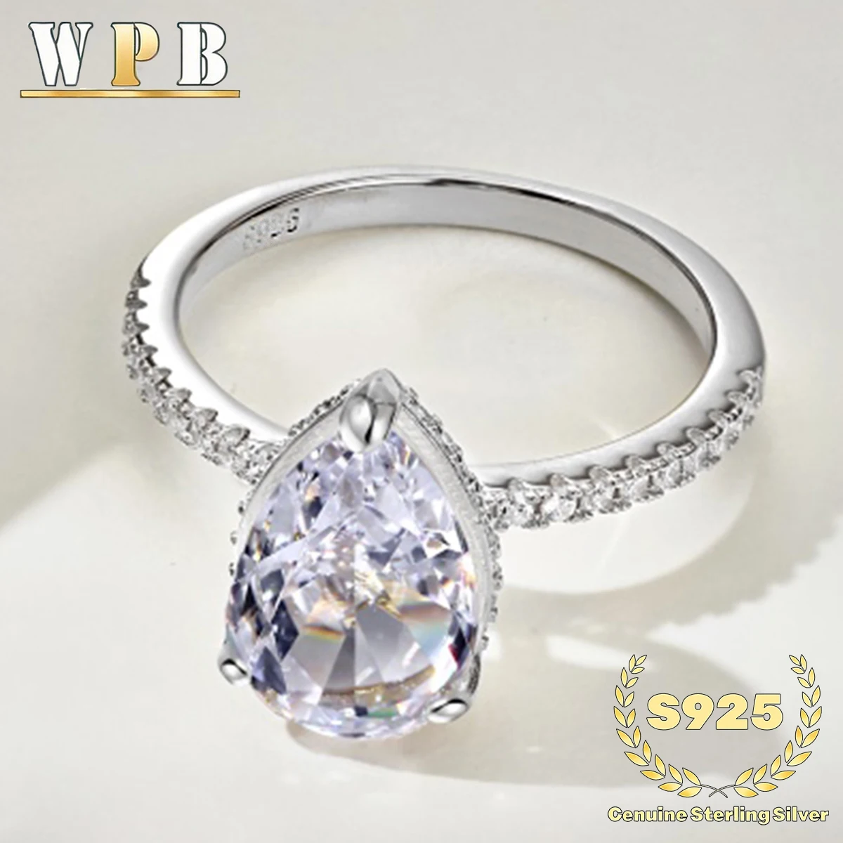 

Genuine S925 Sterling Silver Ring 8A 8x12mm Pear Cut Cubic Zirconia with Round CZ Accents Engagement Wedding Gift for Women