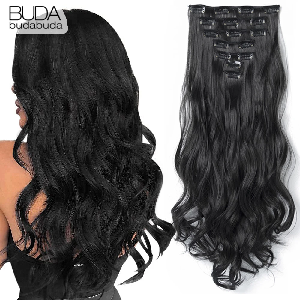 16 Clip dans les Extensions de Cheveux Synthétiques Longues Lignes Droites Coiffure Postiches Fibre Résistant À La Chaleur Naturel Noir Brun Or Faux