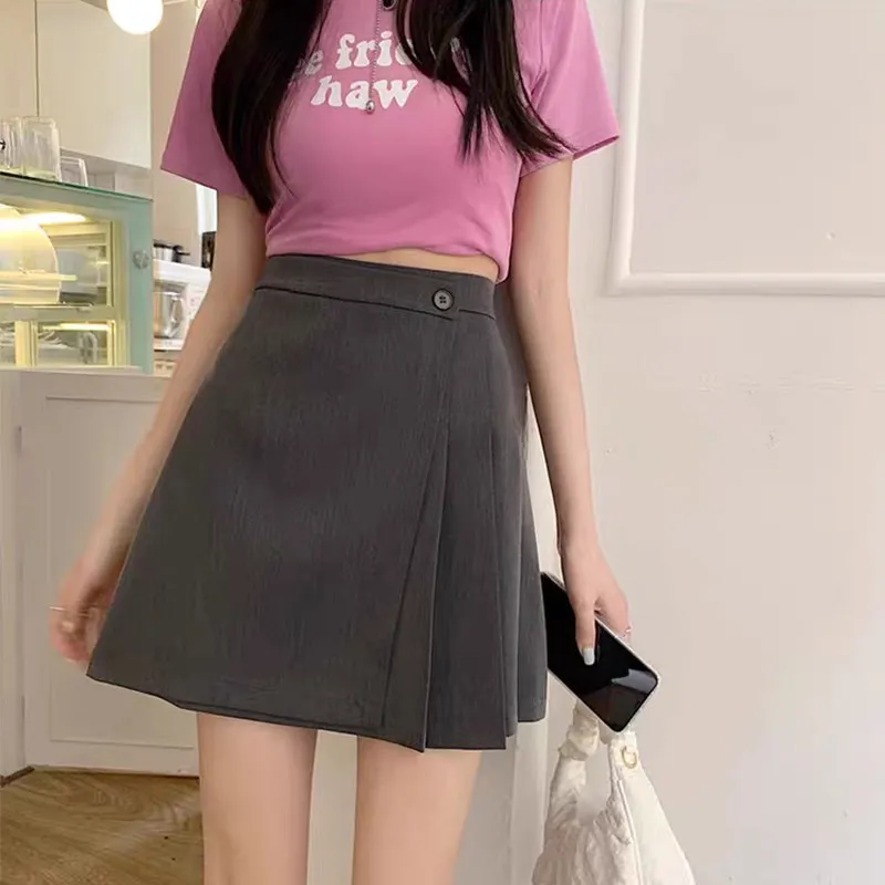 Women High Waist Pleated Short Skirt A-Line Slim Button Flared Mini Skirt Dark Gray Casual
