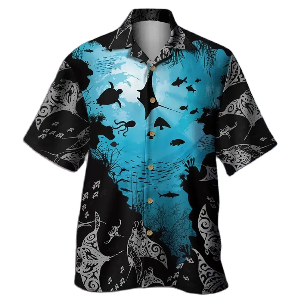 Camisa havaiana com estampa animal subaquática masculina, camisa Aloha Beach, roupa casual vintage extragrande