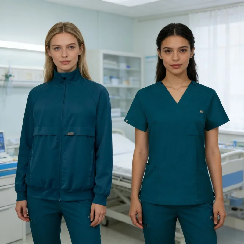 Elastischer V-Ausschnitt Krankenschwester-Handwaschanzug Dreiteiliges Set, Kurzarmhose und Jacke, Komfortables Chirurgie-Set