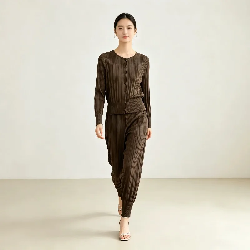 Miyake Pleated 2026 New Set for Women Round Neck Long Sleeve Cardigan Top Jogger Harem Pants Commuter Casual Two-Piece Set Pleat