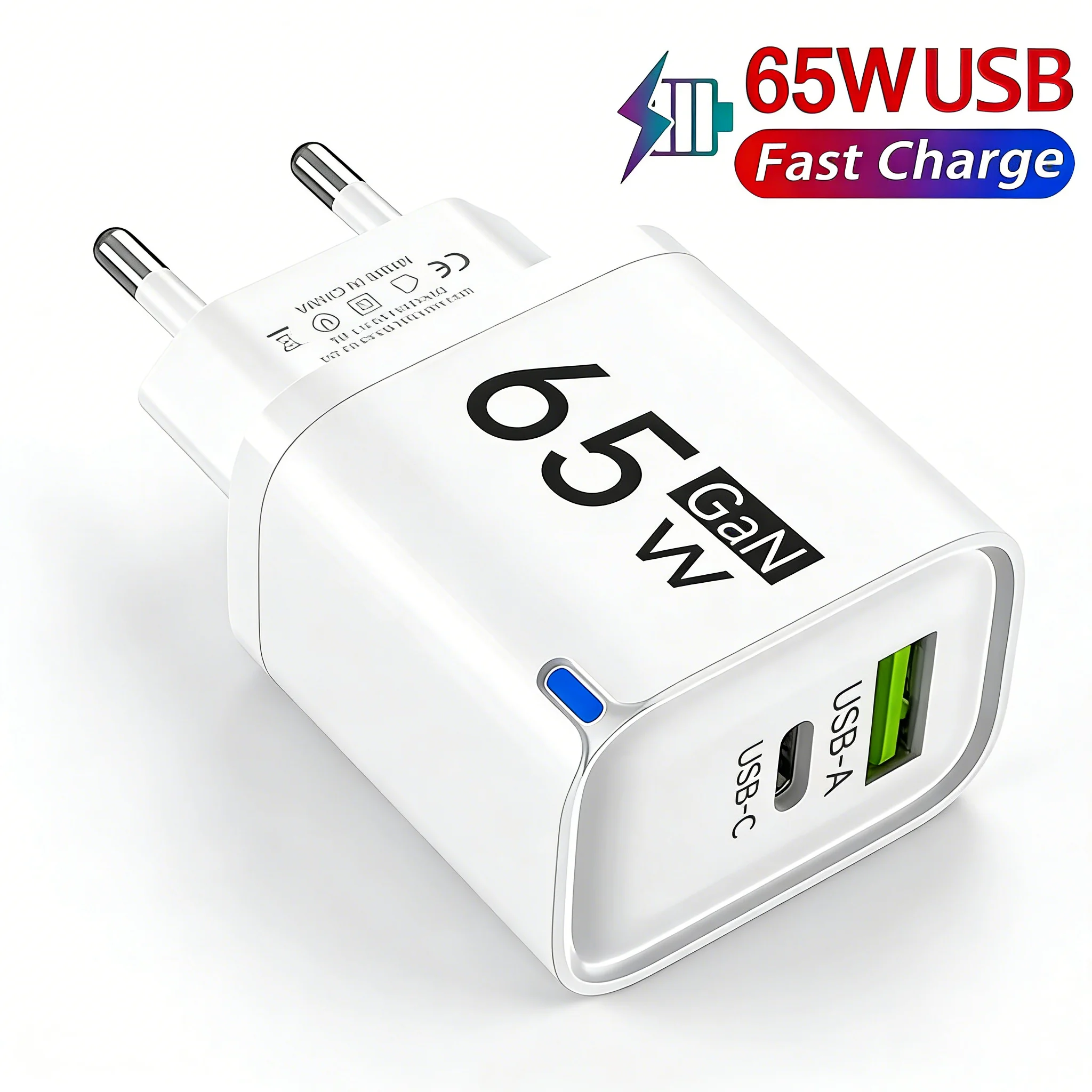 Cargador USB C GaN de 65W con 3 Puertos, Carga Rápida, Adaptador de Pared QC3.0 para iPhone 16 17 Samsung Xiaomi Huawei, Enchufe EU US UK