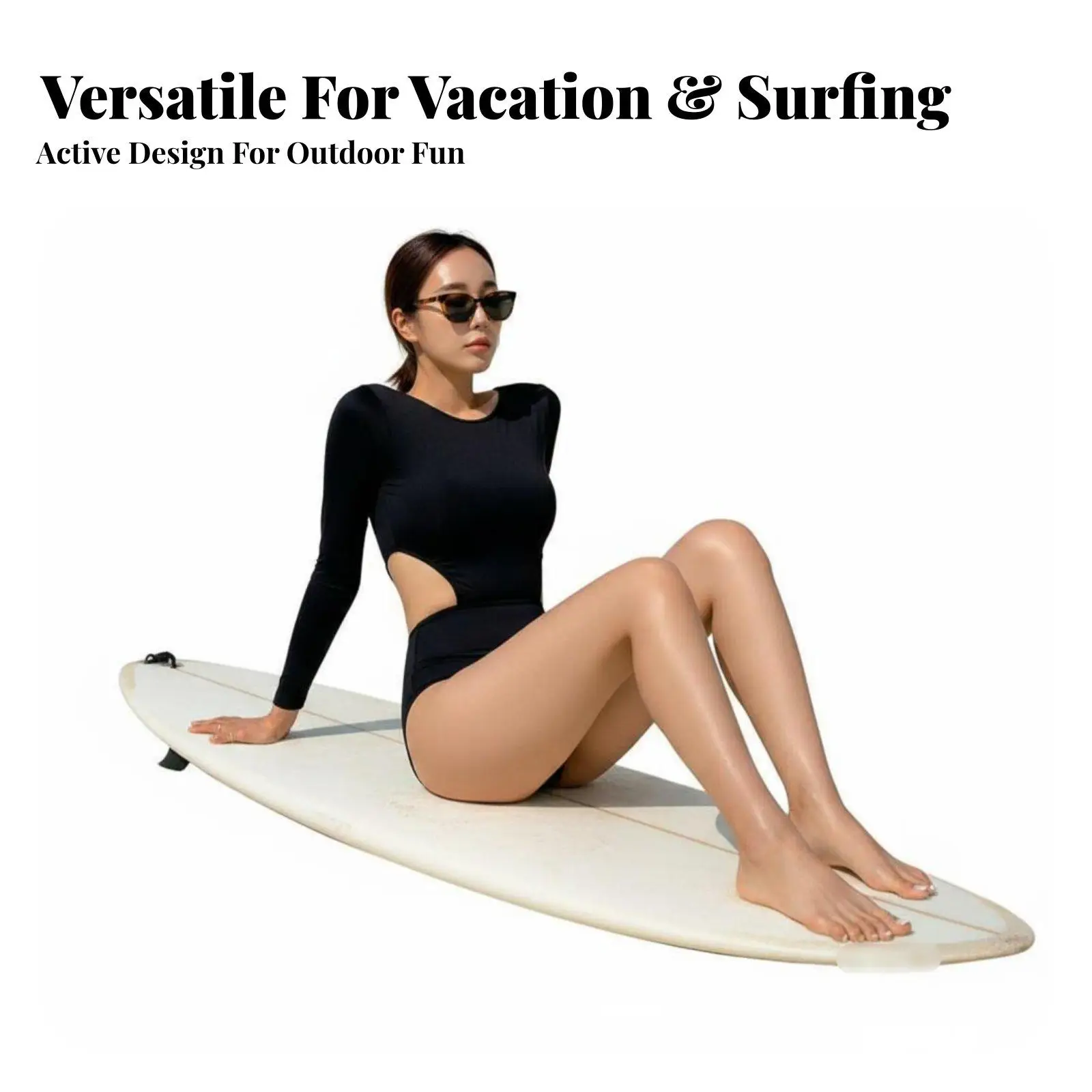 Women Sport Surfing Swimsuit Long Sleeve Black One Piece Tummy Control Cutout Monokini Elegant Vacation Bathing Suit