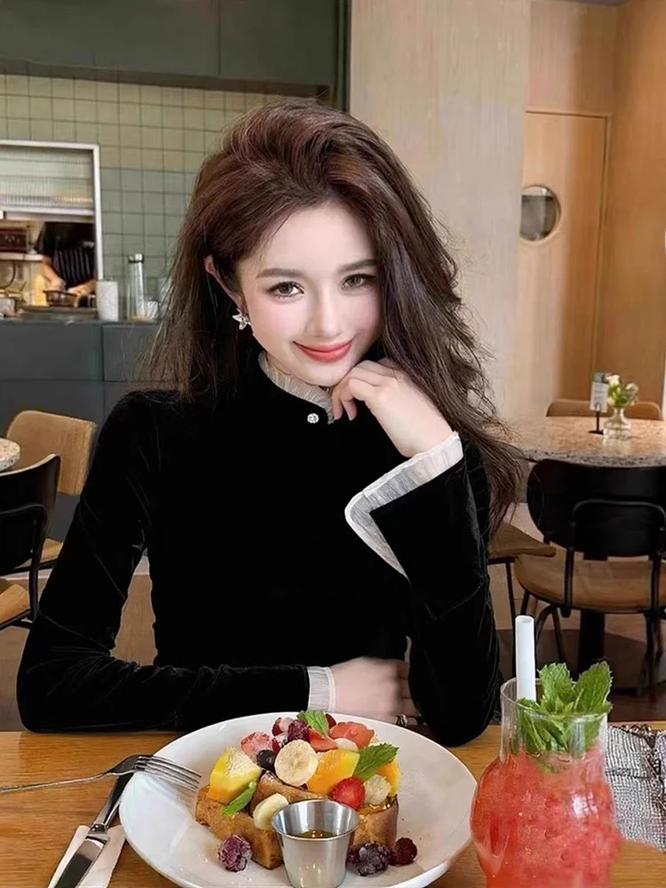 

Faionable Velvet Stand Collar irt Women's Autumn Winter Ele High-End Base Layer Top Quali Lightweight Luxury Inner ...