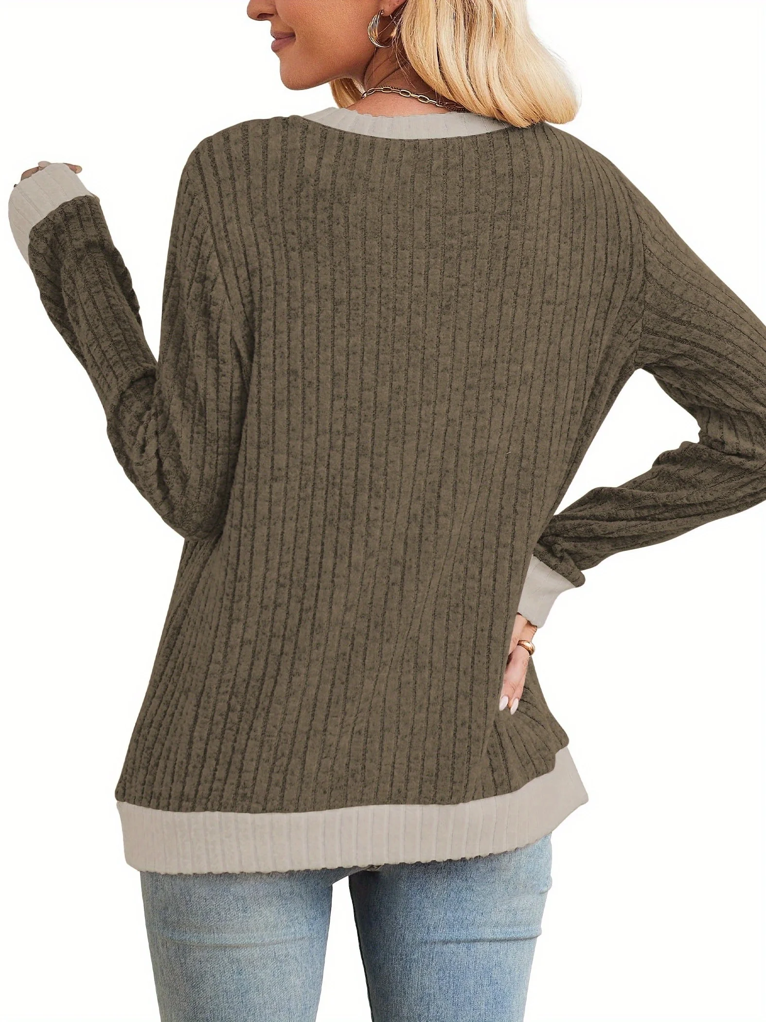 เสื้อสเวตเตอร์แขนยาวผ้าริบสำหร - Ribbed Knit Sweater บทวิจารณ์และราคา
