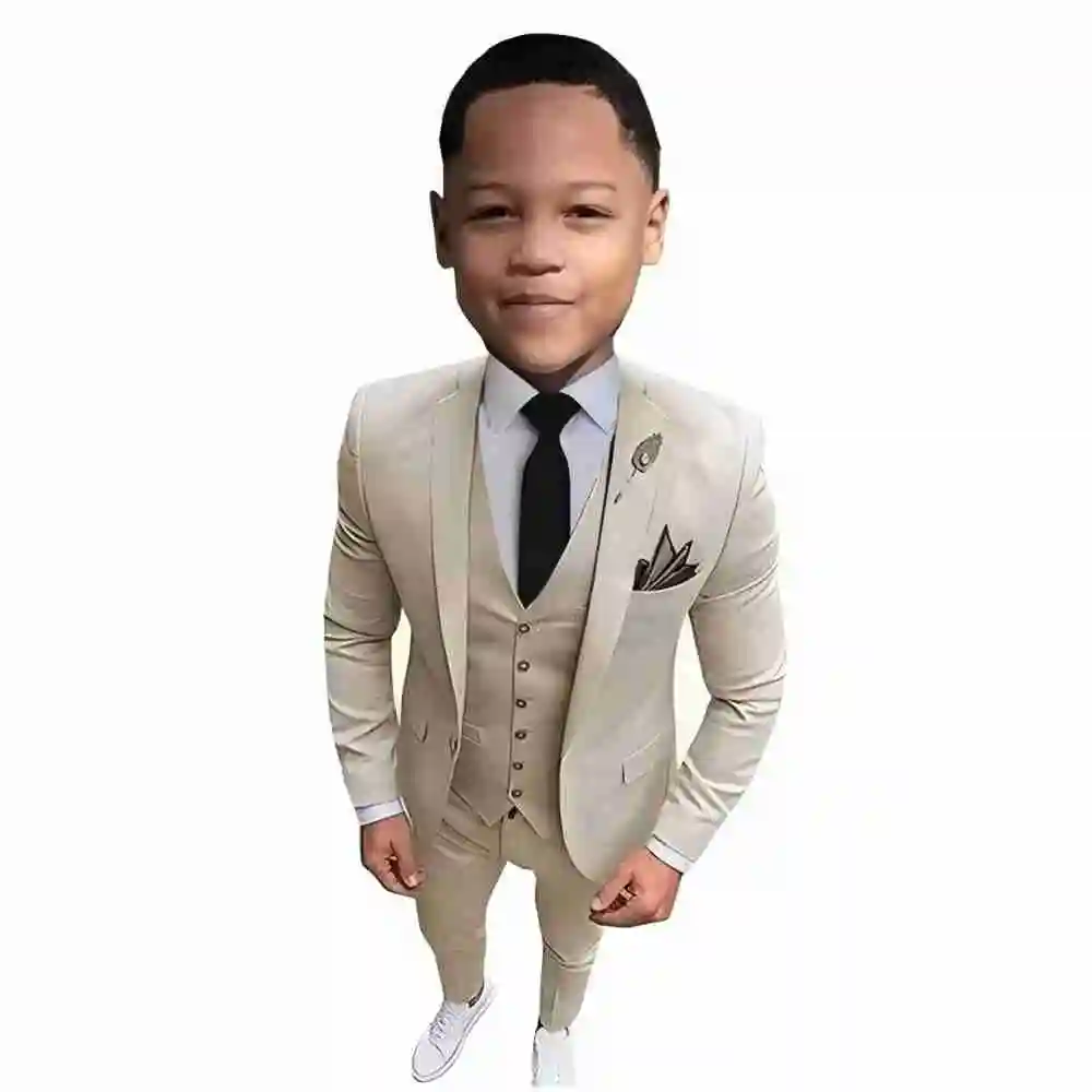 

Casual Boys Suit Wedding Tuxedo 3 Piece Beige Jacket Pants Vest Kids Costume Blazer Set Notched Lapel Slim Fit Outfit Fashion