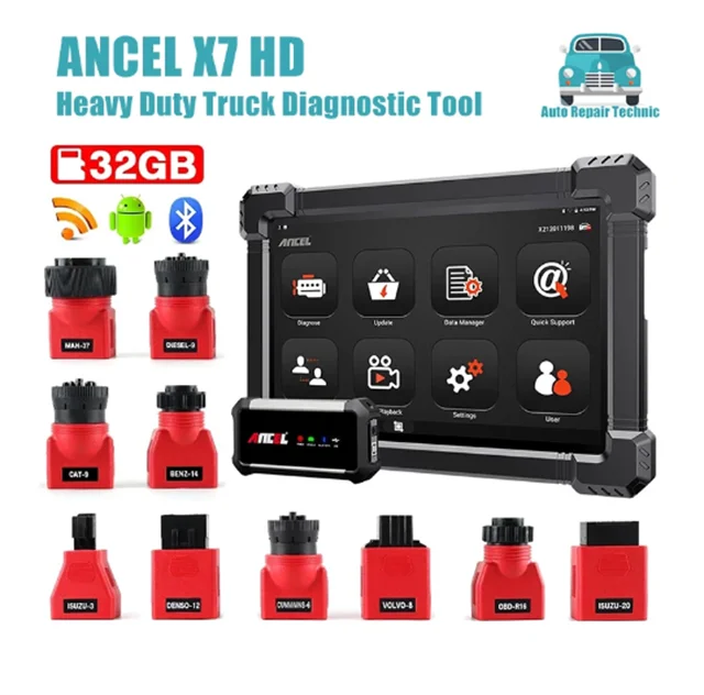 2023 ANCEL X7 HD Heavy Duty Truck Truck Scanner Full System X7hd 12V 24V Oil DPF Regen ECU Reset Battery OBD2 Diagnostic Tool