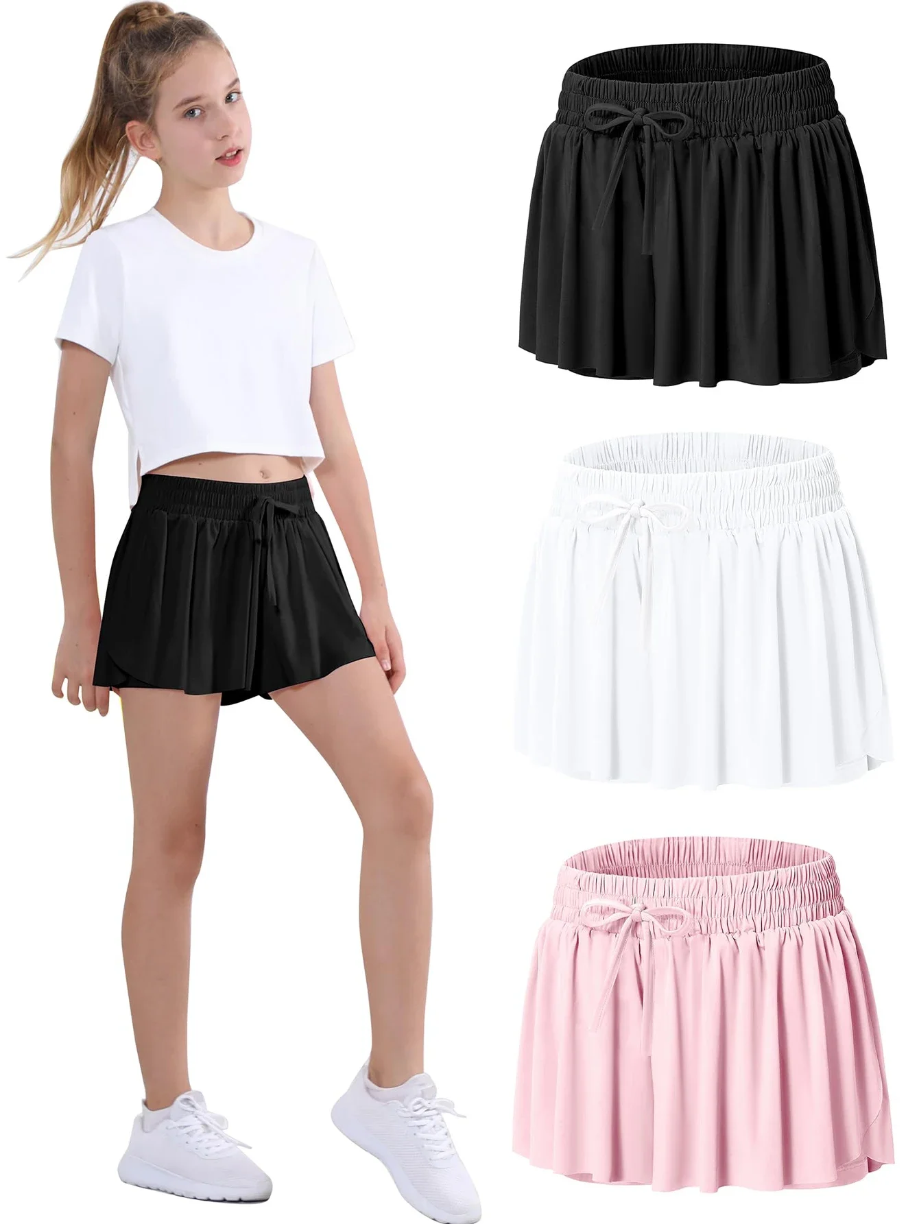 3 Pieces Girls Shorts Sports 2 in 1 Running Skirt Shorts Tennis Dance Academy Style Children's Clothing 6-14 Years Old Sport