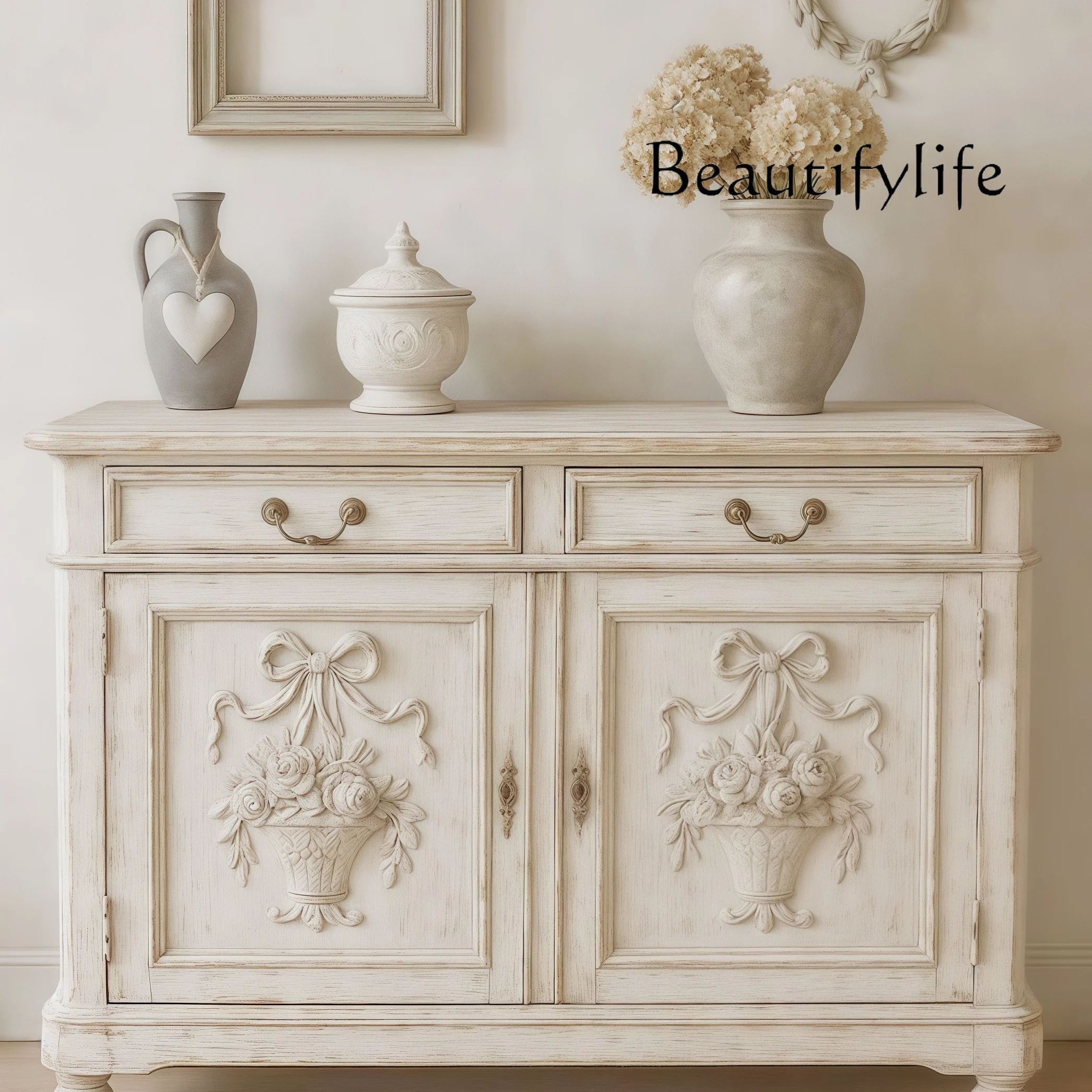 フランス風レトロ無垢材玄関キャビネット玄関ホール装飾収納キャビネット収納装飾キャビネット