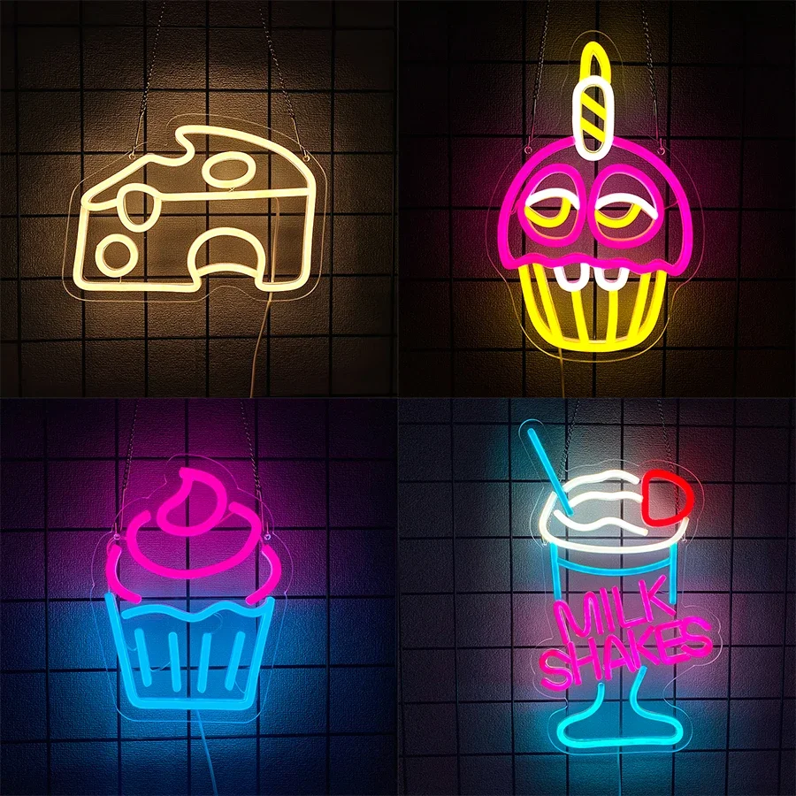 Sinais de néon da série de sobremesas, decoração de parede de ícones de comida de queijo e bolo, lâmpadas de parede artísticas de sobremesas, lojas e restaurantes.