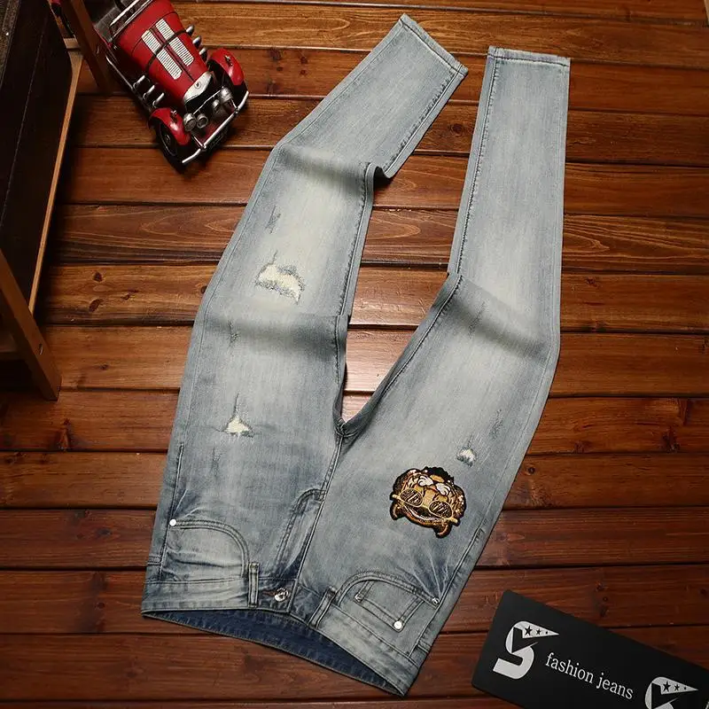 Ripped jeans men's trendy high-end embroidered print summer thin fit elastic small foot long pants