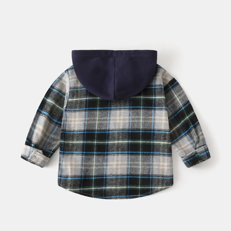 Autumn Children's Shirt Outdoor Casual Pure Cotton Breathable Boy's Hooded Tops Fashion Slim Fit Plaid Shirt Children's Clothing