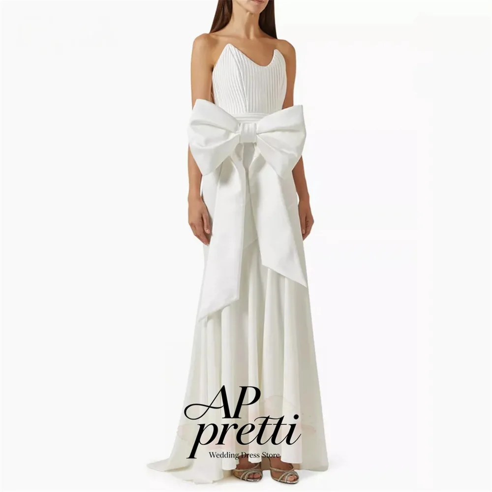AP pretti 2026 Customized Modern Large Bow Satin Pleat Mermaid Wedding Dresses For Woman Sleeveless Bridal Gown Lawn Wedding