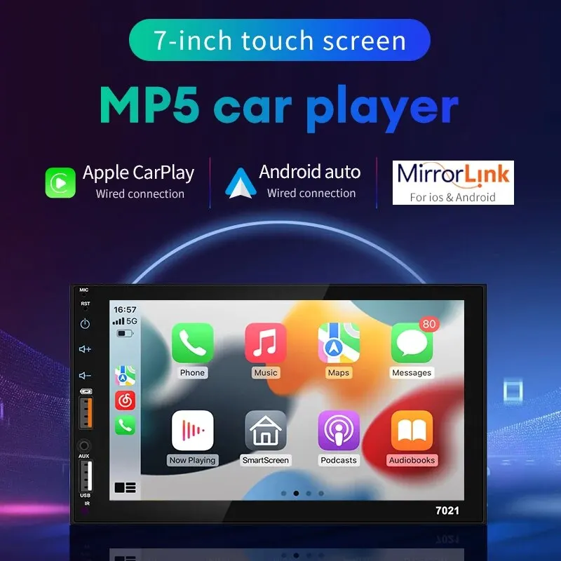 Acodo-reproductor multimedia para coche, dispositivo con pantalla táctil de 7 pulgadas, Carplay, Android, doble USB, capacitiva, HD, MP5, USB, FM, Bluetooth, tarjeta TF