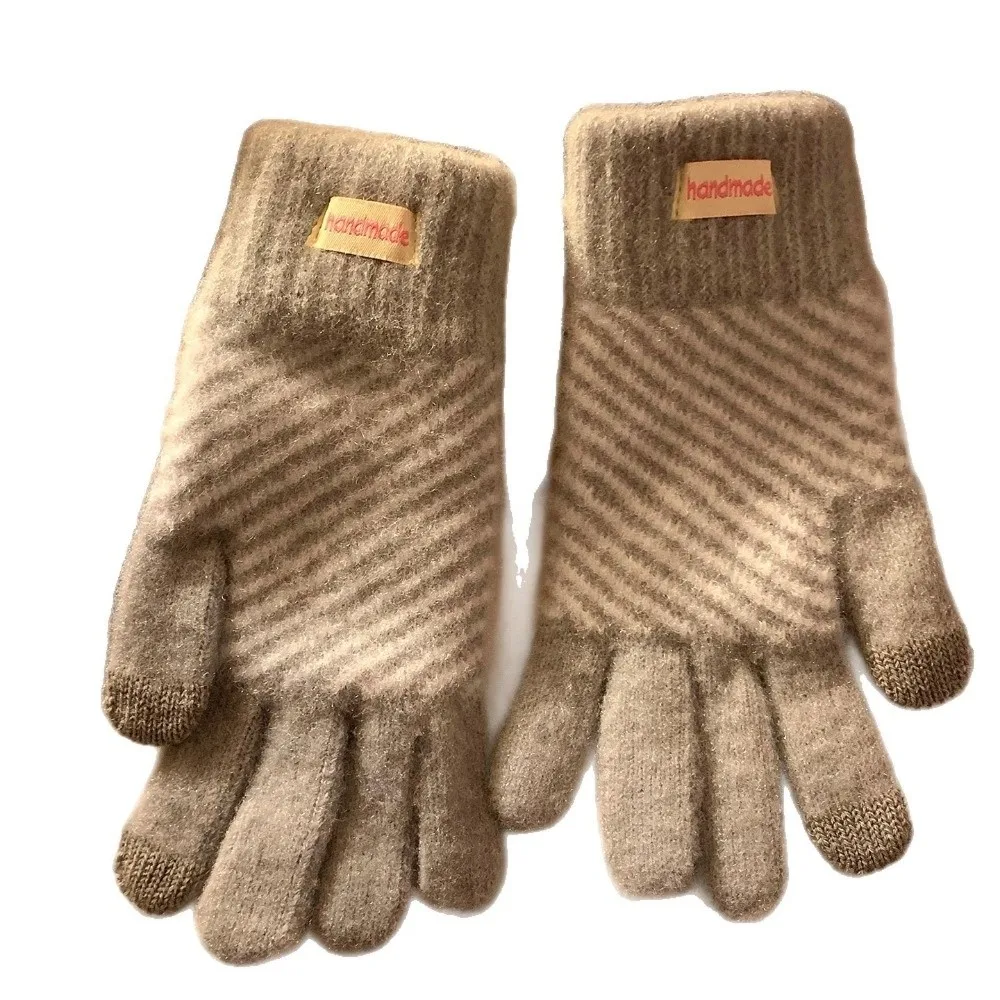 Polyester Fuzzy Striped Knitted Gloves Coldproof Five Finger Winter Touch Screen Gloves Warm One Size Thick Fleece Lined Gloves