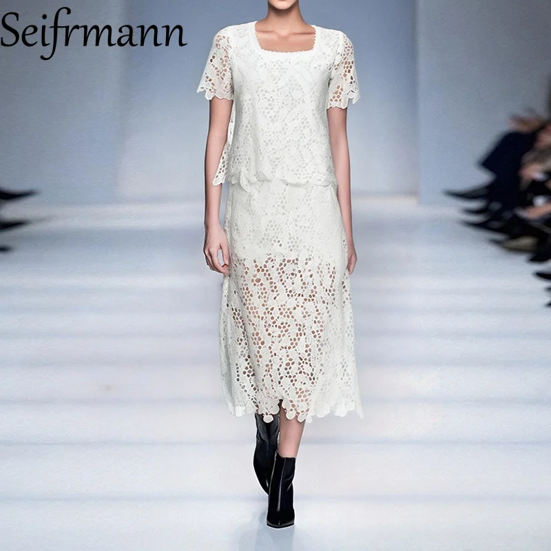 

Seifrmann New Fashion Bead Water soluble Flower Round Neck Top with Medium to Long Straight Half Skirt White Short Sleeve Set