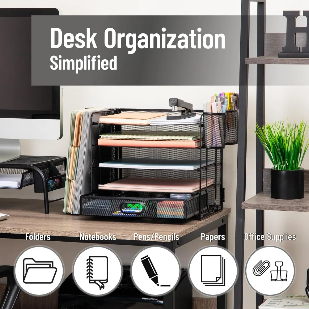 منظم مكتب شبكي مكون من 4 صواني مع درج وحامل ملفات وأكواب أقلام - حل تخزين سطح المكتب المعدني باللون الأسود