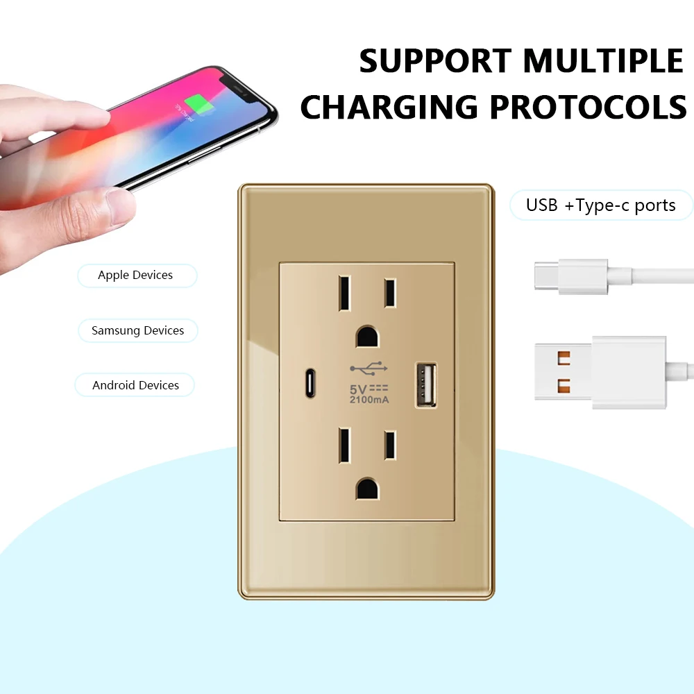 Depoguye us mexico Wand leuchte Schalter buchse 5v 2.1a USB Typ-C Ladestecker, goldene Glasscheibe American Standard Steckdose