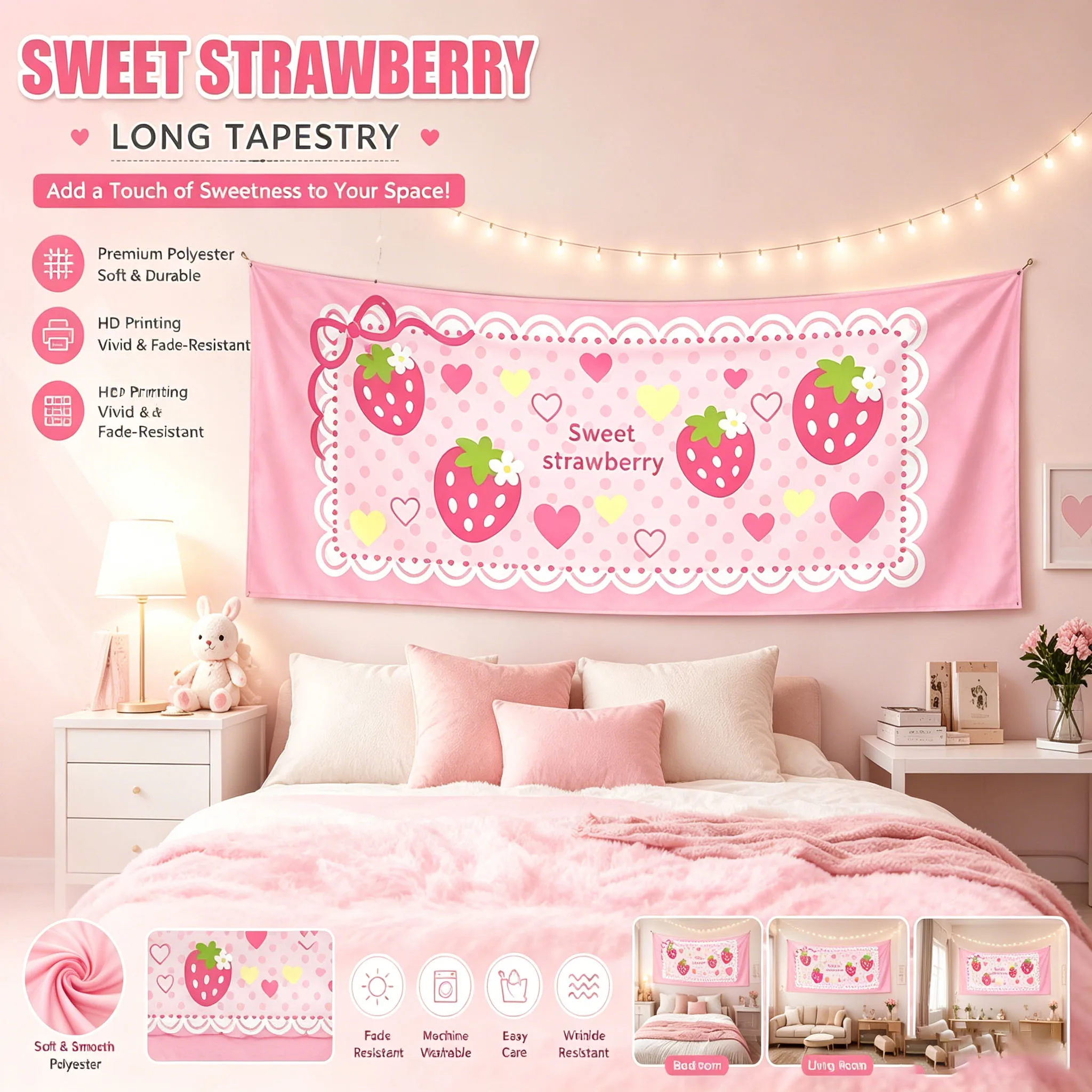 Sweet Pink Strawberry Long&Large Tapestry Polka Dot Wall Hanging Cute Kawai Background Cloth for Bedroom Dorm Aesthetic Decor