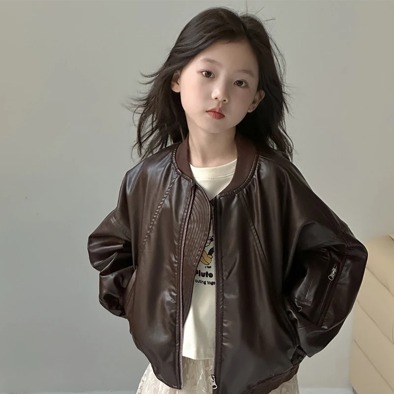 New Autumn Winter Girls Coat Fashion Leather Jacket  Cool Girls Zipper Locomotive Sweatshirt Top For Kids Children Outerwear