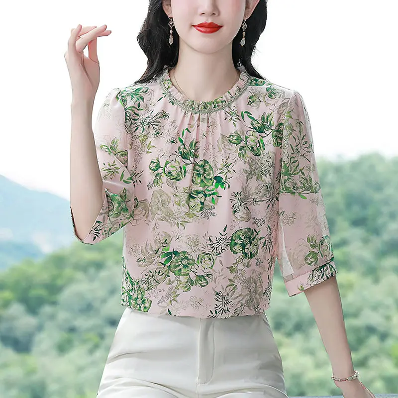 เสื้อชีฟองลายดอกไม้ฤดูร้อนของผู้หญิงแฟชั่นใหม่หรูหราแม่สไตล์แขน 3/4 ด้านบน