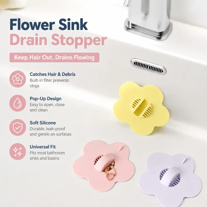 Flower Shaped Sink Stopper Flip Basin Drain Plug with Filter Screen Blocks Water Leakage Captures Debris Fits Wash Lavatory Hand