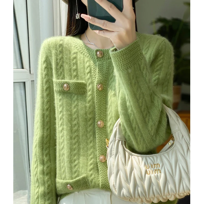 100% Merino Wool Cardigan Women\'s Round Neck Thick Autumn Winter Fashion Solid Color Pocket Elegant Knitted Jacket Sweater Top