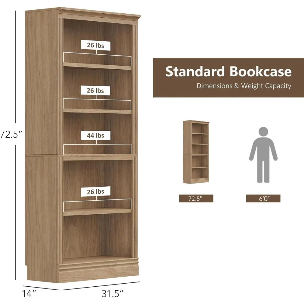 Bookshelves and Bookcases Floorstanding 5-Tier Adjustable Shelf Organizer, 72-Inch Tall Bookcase, Oak