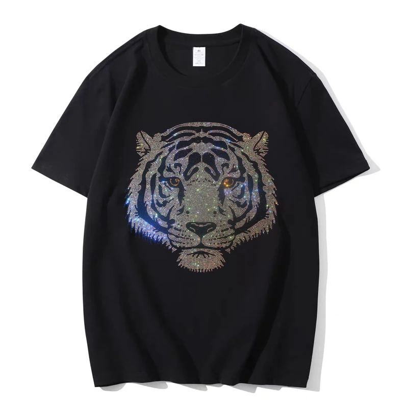 

New short-sleeved woman T-shirt white tiger round collar cotton girl tops Hot stamping drill shiny rhinestone ladies tees