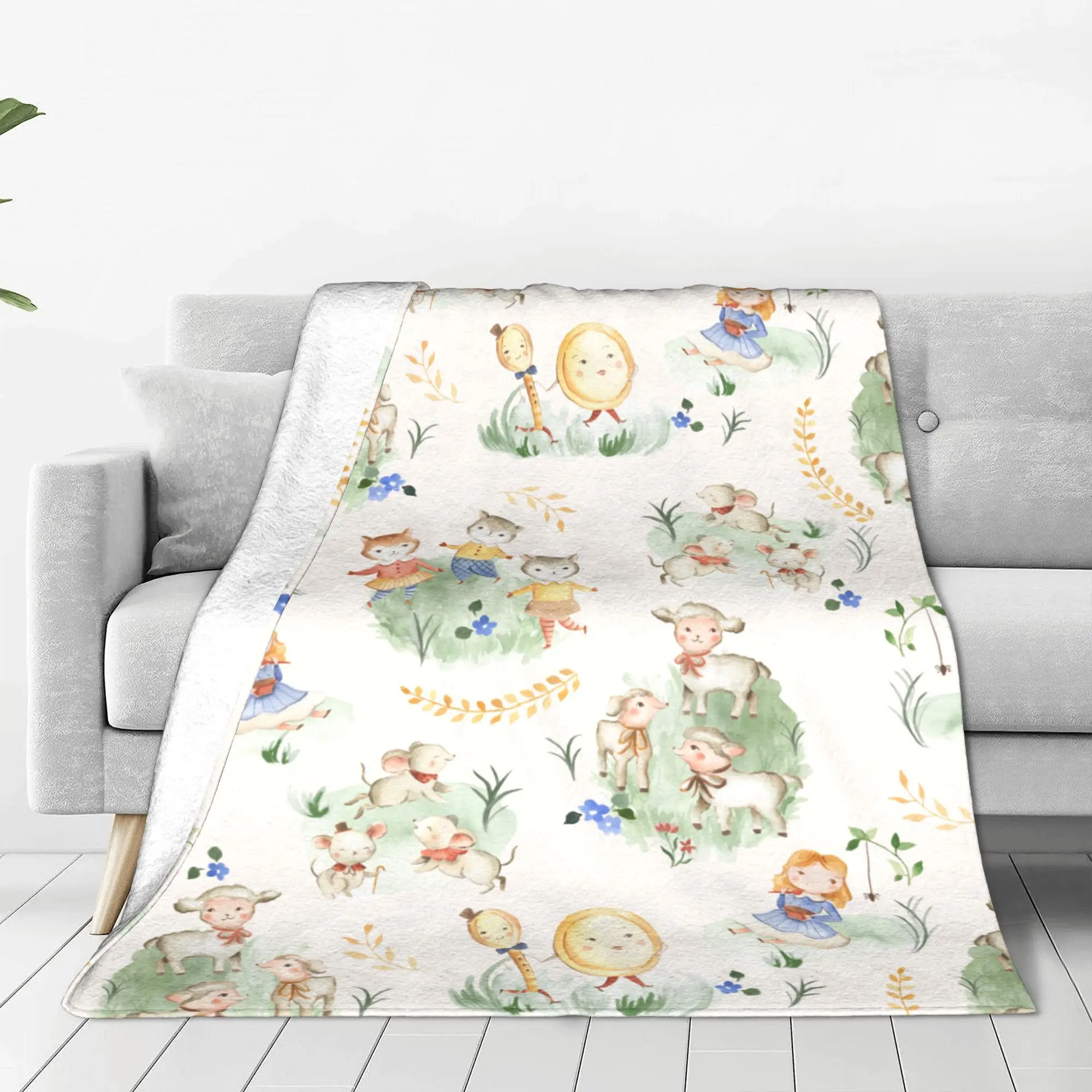 Nursery Rhyme Animals Watercolor Pattern Blanket Multiple Sizes Soft Fuzzy Plush Cute Sheep Throw Blanket for Sofa Couch and Bed