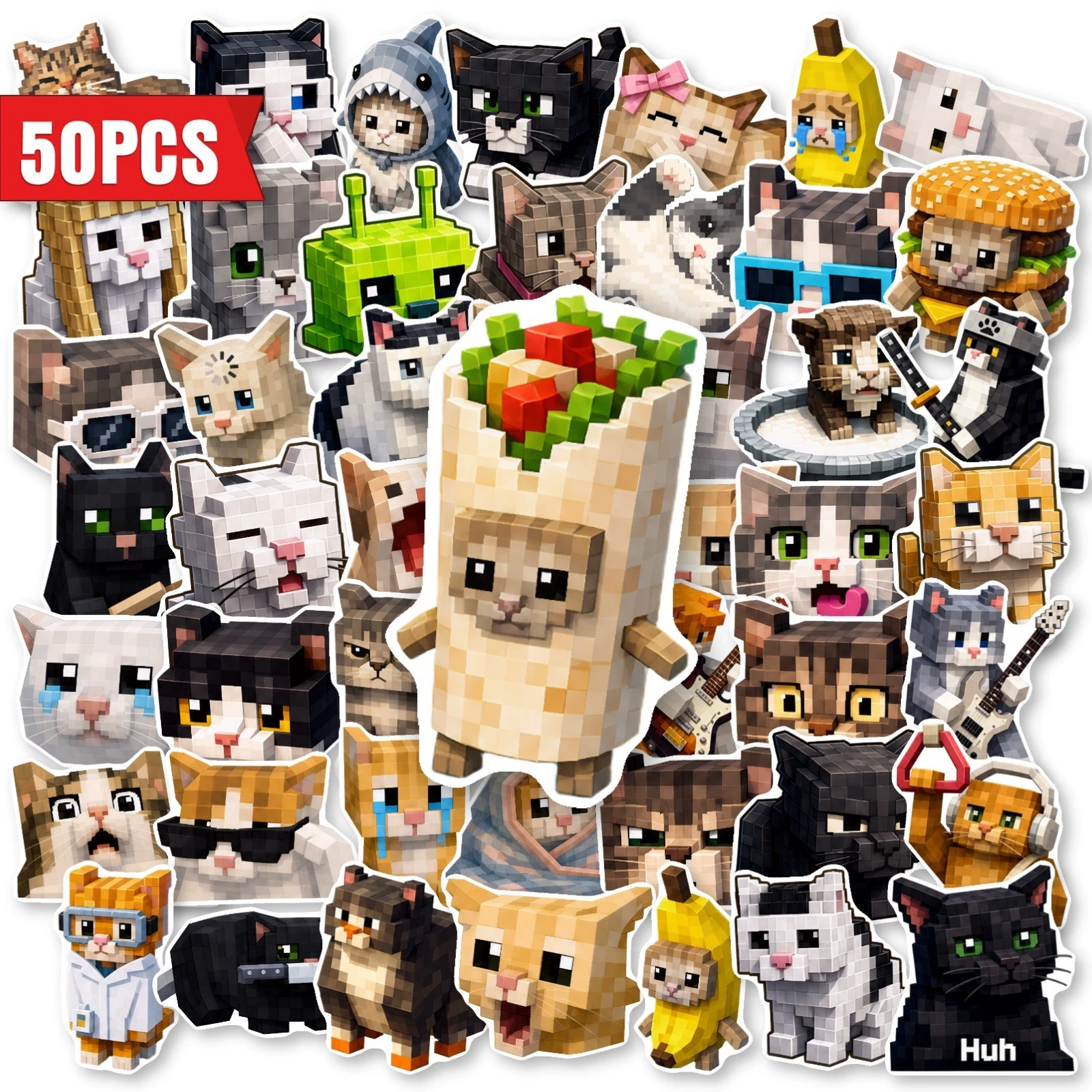 50pcs Pixel Cat Graffiti Stickers Cartoon Block Cat Waterproof for Laptop Skateboard Water Bottle Journal Scrapbook Notebook