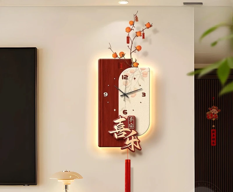 New Chinese style blessing character wall clock living room decorative LED lamp fringed clock mural sandstone hanging painting