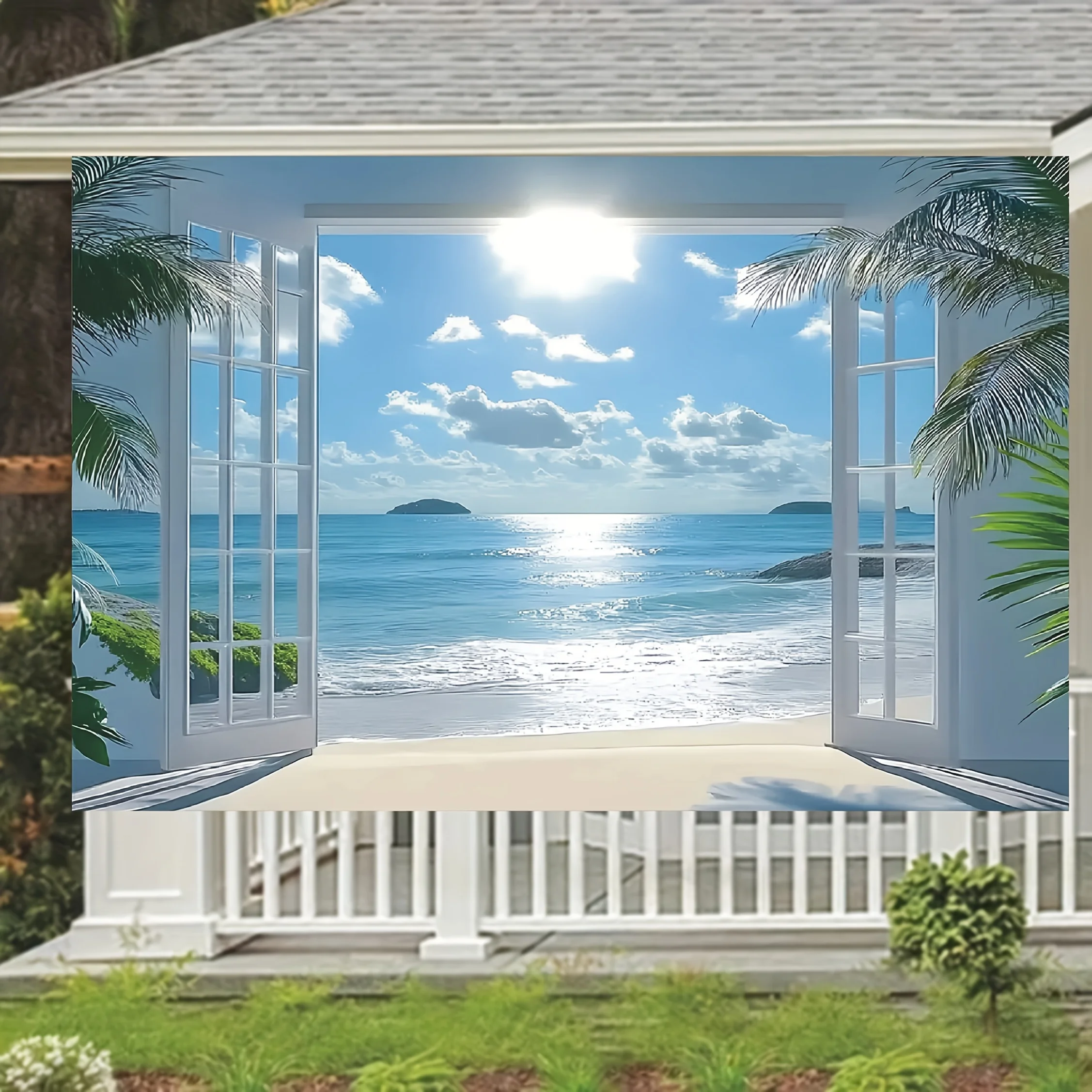 1PC, sea view background decoration, Hawaiian sea view curtain background, suitable for party background decoration